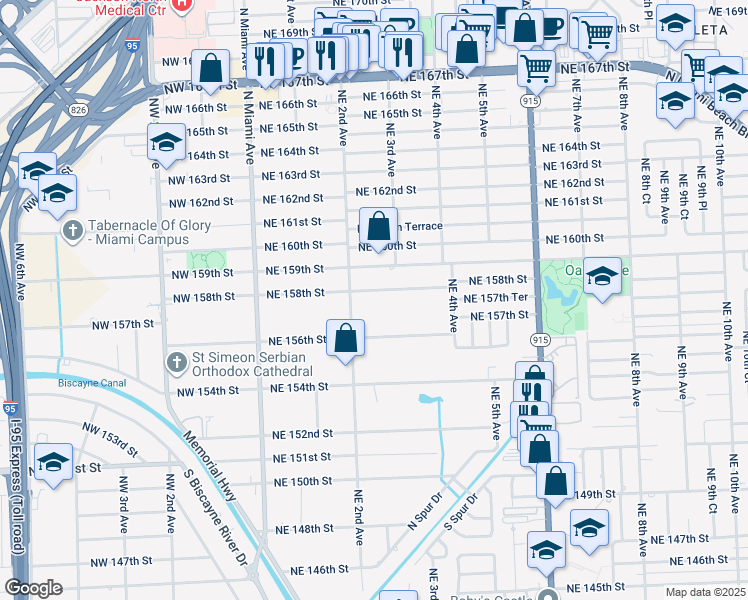 map of restaurants, bars, coffee shops, grocery stores, and more near 279 Northeast 158th Street in North Miami Beach