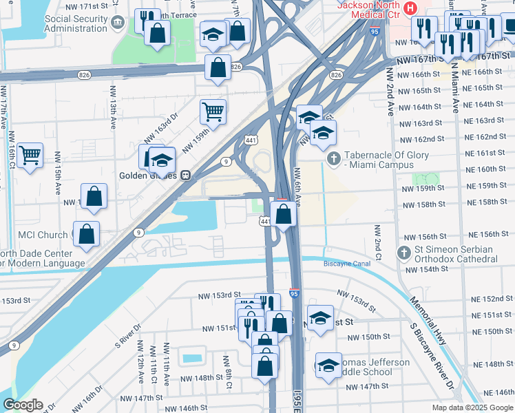 map of restaurants, bars, coffee shops, grocery stores, and more near 15890 Northwest 7th Avenue in Miami