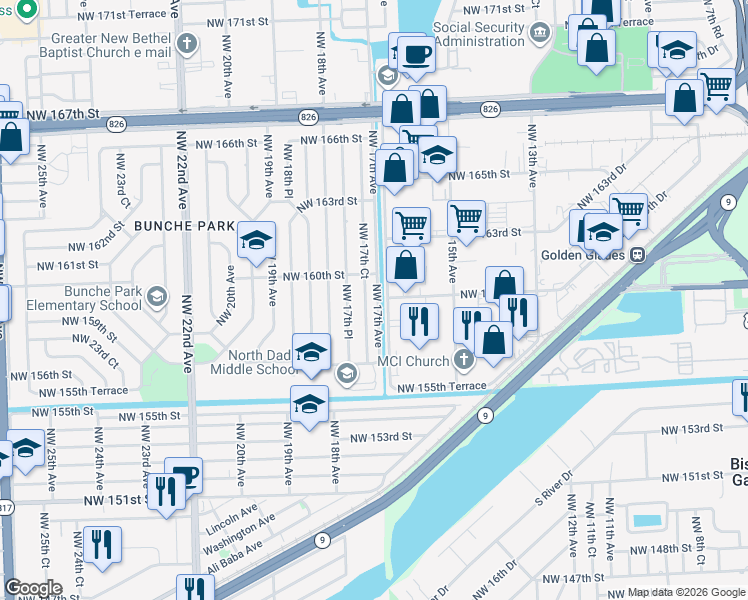 map of restaurants, bars, coffee shops, grocery stores, and more near 15930 Northwest 17th Court in Opa-locka