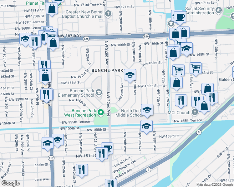 map of restaurants, bars, coffee shops, grocery stores, and more near 15935 Northwest 21st Avenue in Opa-locka