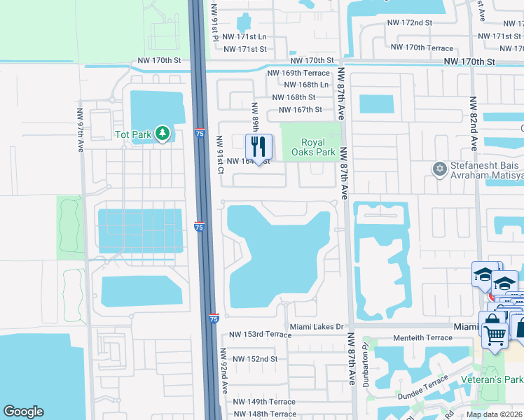 map of restaurants, bars, coffee shops, grocery stores, and more near 8940 Northwest 161st Terrace in Miami Lakes
