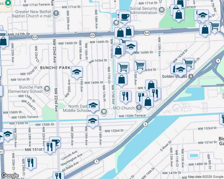 map of restaurants, bars, coffee shops, grocery stores, and more near 15930 Northwest 17th Court in Opa-locka