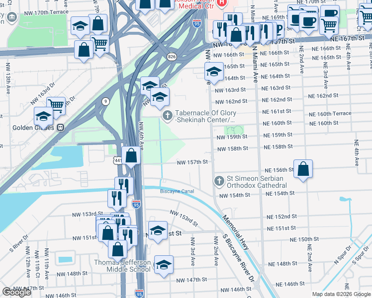 map of restaurants, bars, coffee shops, grocery stores, and more near 340 Northwest 159th Street in Miami