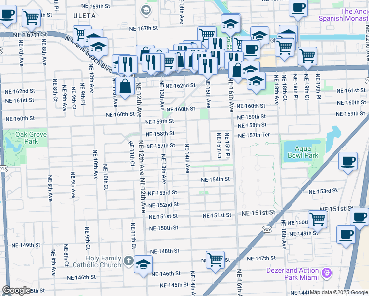 map of restaurants, bars, coffee shops, grocery stores, and more near 15690 Northeast 14th Avenue in North Miami Beach