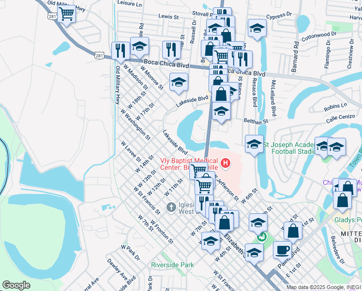 map of restaurants, bars, coffee shops, grocery stores, and more near 1246 Lakeside Boulevard in Brownsville