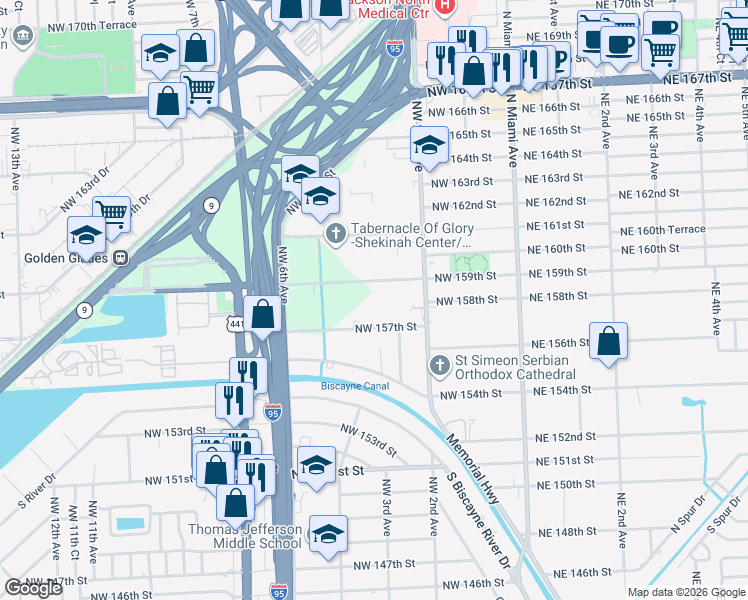 map of restaurants, bars, coffee shops, grocery stores, and more near 340 Northwest 159th Street in Miami