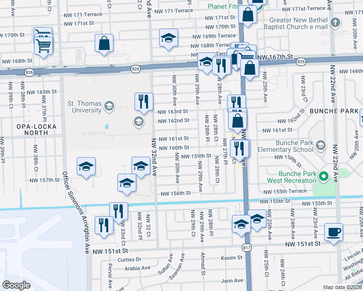 map of restaurants, bars, coffee shops, grocery stores, and more near 2970 Northwest 161st Street in Opa-locka