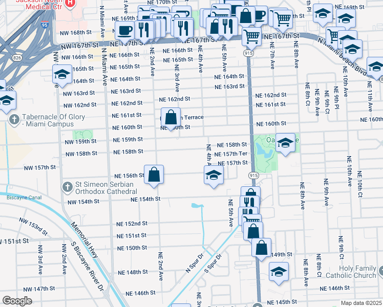 map of restaurants, bars, coffee shops, grocery stores, and more near 350 Northeast 158th Street in Miami