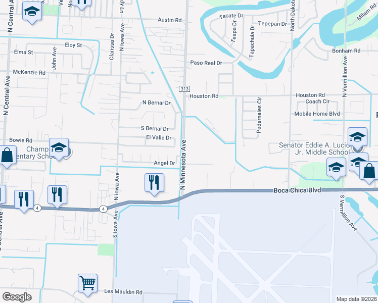 map of restaurants, bars, coffee shops, grocery stores, and more near 406 North Minnesota Avenue in Brownsville