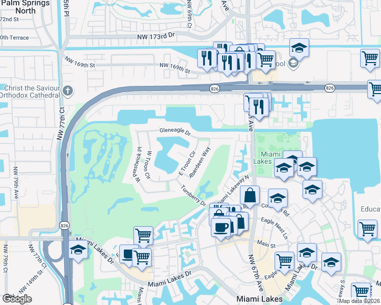 map of restaurants, bars, coffee shops, grocery stores, and more near 16120 East Troon Circle in Miami Lakes