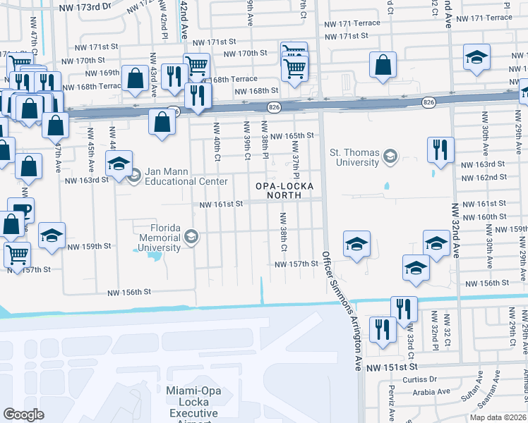 map of restaurants, bars, coffee shops, grocery stores, and more near 16051 Northwest 38th Place in Opa-locka