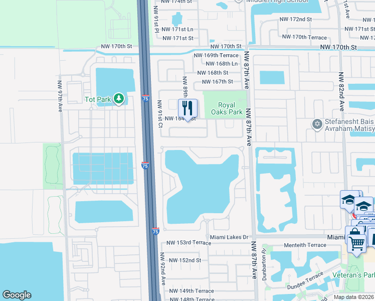 map of restaurants, bars, coffee shops, grocery stores, and more near 8940 Northwest 161st Terrace in Miami Lakes
