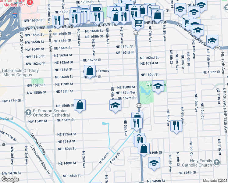 map of restaurants, bars, coffee shops, grocery stores, and more near 405 Northeast 157th Terrace in Miami