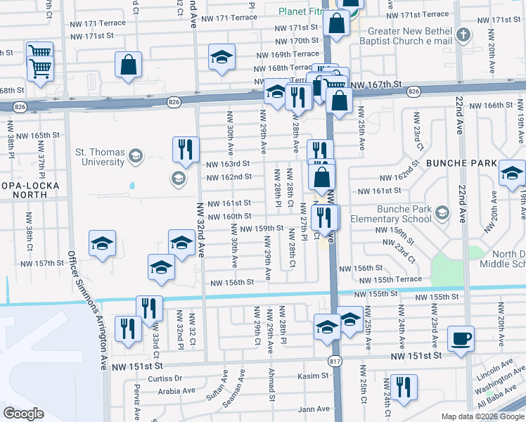 map of restaurants, bars, coffee shops, grocery stores, and more near 2901 Northwest 160th Street in Opa-locka