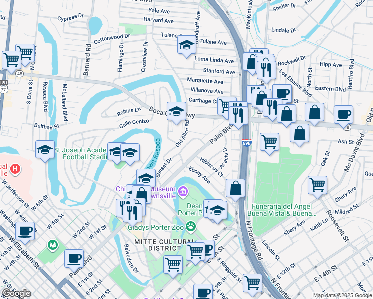 map of restaurants, bars, coffee shops, grocery stores, and more near 212 Sunset Drive in Brownsville