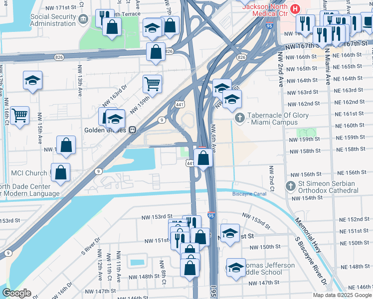 map of restaurants, bars, coffee shops, grocery stores, and more near 15890 Northwest 7th Avenue in Miami
