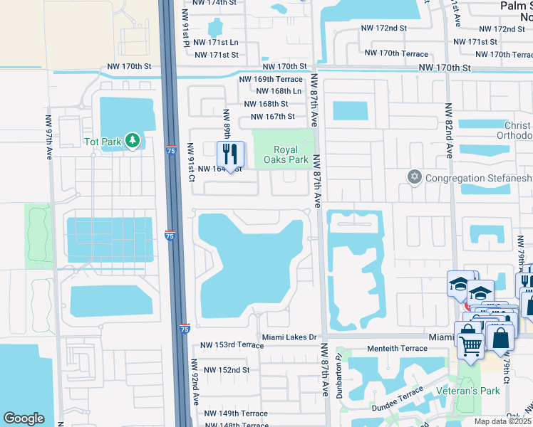 map of restaurants, bars, coffee shops, grocery stores, and more near 8868 Northwest 161st Terrace in Miami Lakes