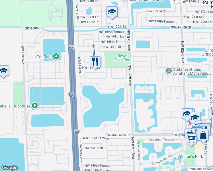 map of restaurants, bars, coffee shops, grocery stores, and more near 8868 Northwest 161st Terrace in Miami Lakes