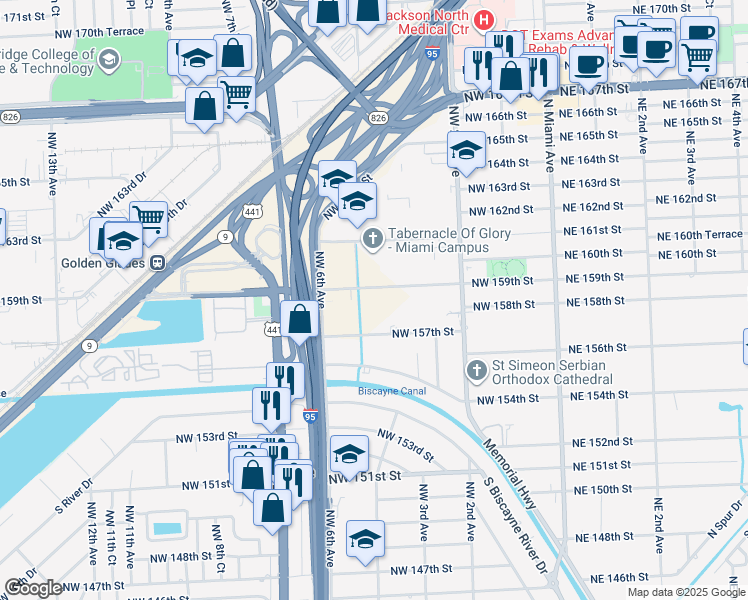 map of restaurants, bars, coffee shops, grocery stores, and more near 396 Northwest 159th Street in Miami