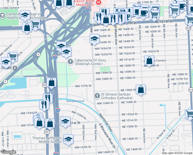 map of restaurants, bars, coffee shops, grocery stores, and more near 171 Northwest 158th Street in Miami