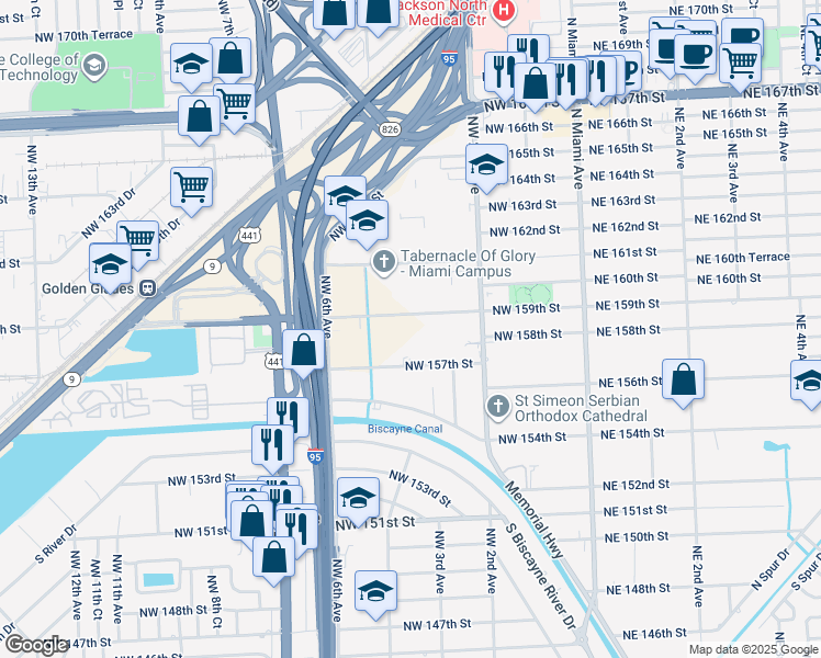 map of restaurants, bars, coffee shops, grocery stores, and more near 340 Northwest 159th Street in Miami