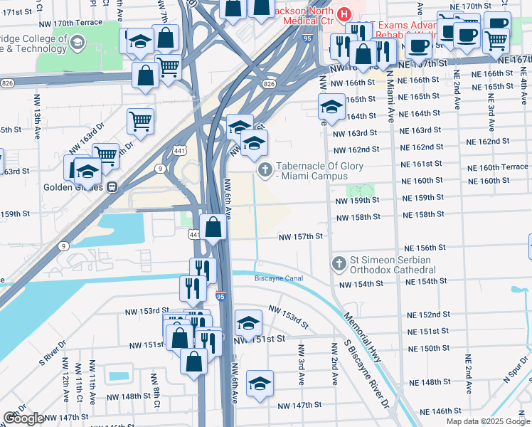 map of restaurants, bars, coffee shops, grocery stores, and more near 396 Northwest 159th Street in Miami
