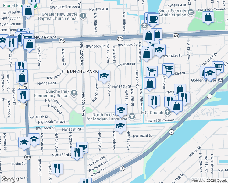 map of restaurants, bars, coffee shops, grocery stores, and more near 15930 Northwest 18th Place in Opa-locka