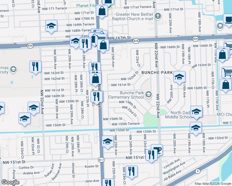 map of restaurants, bars, coffee shops, grocery stores, and more near 2530 Northwest 160th Street in Opa-locka