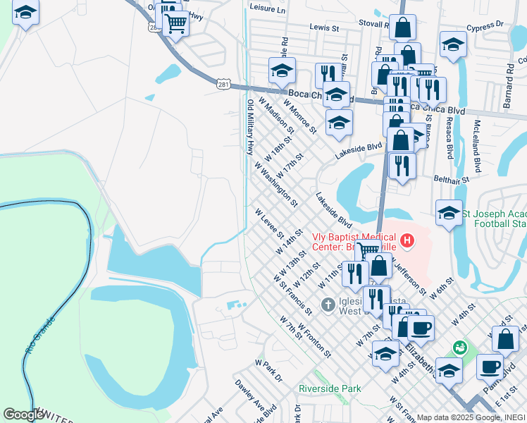 map of restaurants, bars, coffee shops, grocery stores, and more near 1608 West Levee Street in Brownsville