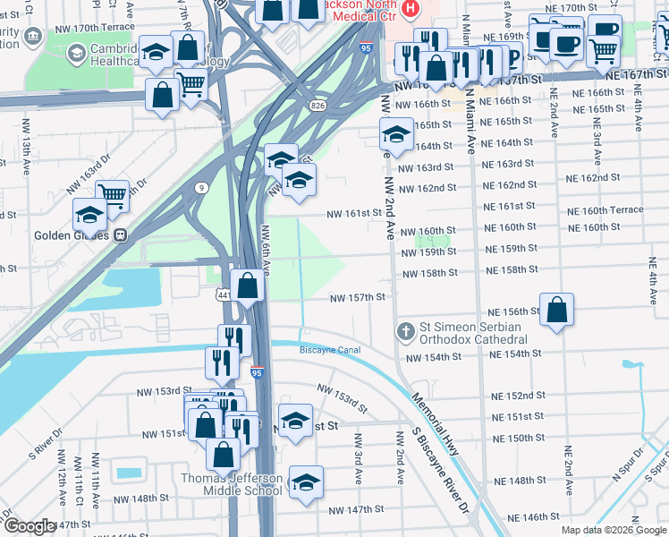 map of restaurants, bars, coffee shops, grocery stores, and more near 340 Northwest 159th Street in Miami