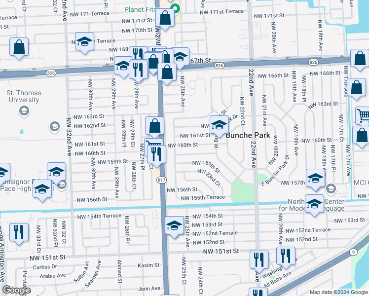 map of restaurants, bars, coffee shops, grocery stores, and more near 2530 Northwest 160th Street in Opa-locka