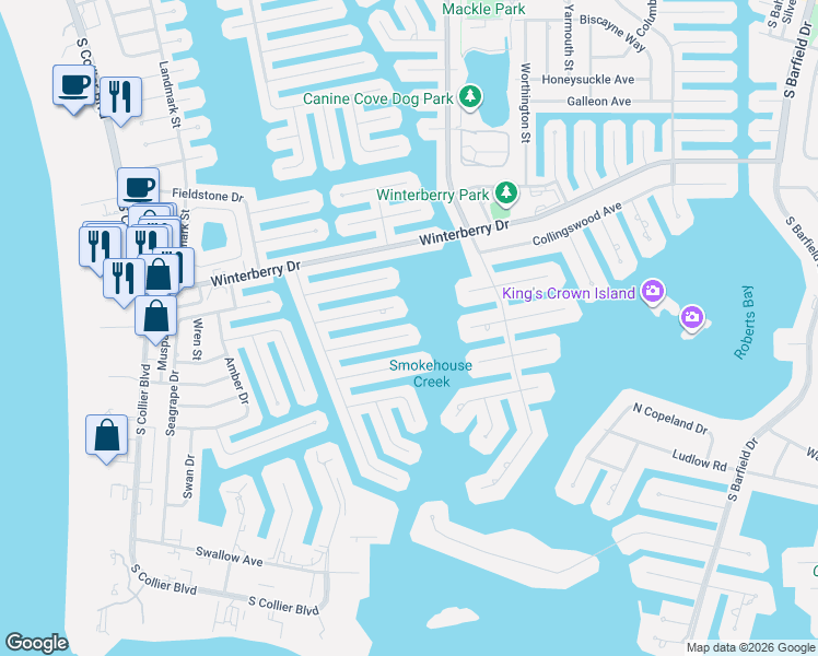 map of restaurants, bars, coffee shops, grocery stores, and more near 1270 Osprey Court in Marco Island