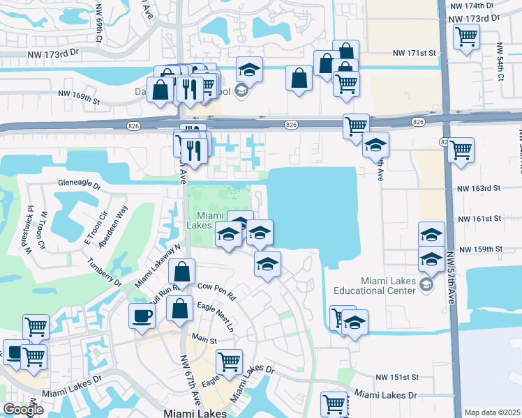 map of restaurants, bars, coffee shops, grocery stores, and more near 16185 Northwest 64th Avenue in Miami Lakes