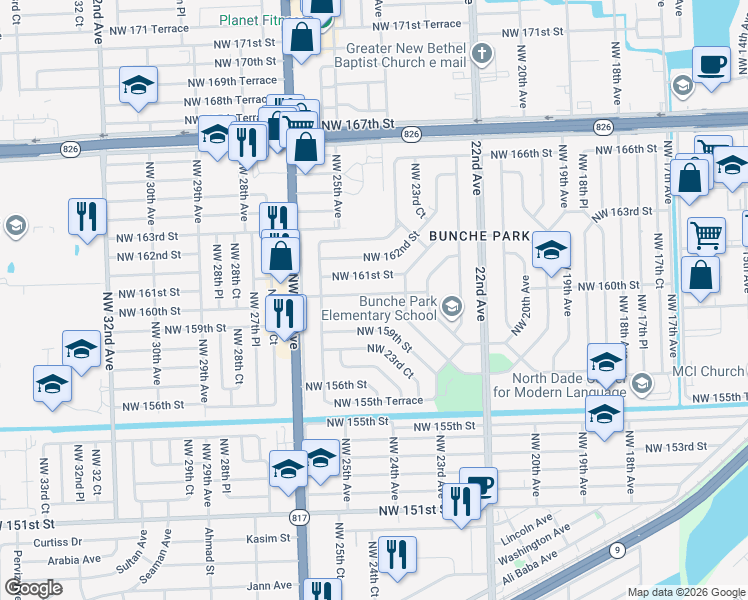 map of restaurants, bars, coffee shops, grocery stores, and more near 2440 Northwest 160th Street in Opa-locka