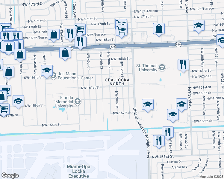 map of restaurants, bars, coffee shops, grocery stores, and more near 16051 Northwest 38th Place in Opa-locka