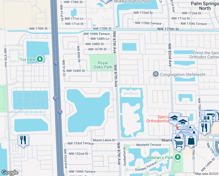 map of restaurants, bars, coffee shops, grocery stores, and more near 8810 Northwest 161st Terrace in Miami Lakes