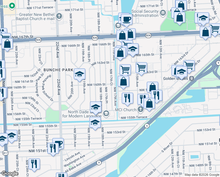 map of restaurants, bars, coffee shops, grocery stores, and more near 15930 Northwest 17th Court in Opa-locka