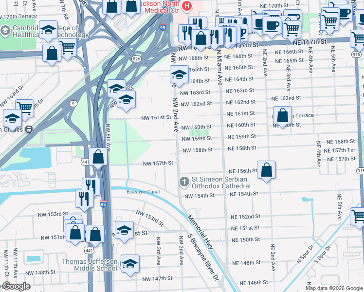 map of restaurants, bars, coffee shops, grocery stores, and more near 171 Northwest 158th Street in Miami
