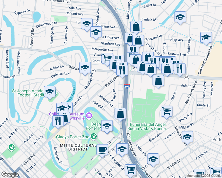 map of restaurants, bars, coffee shops, grocery stores, and more near 44 Acacia Drive in Brownsville