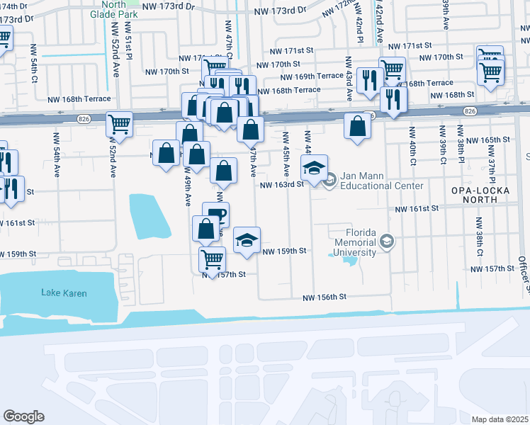 map of restaurants, bars, coffee shops, grocery stores, and more near 16117 Northwest 47th Avenue in Opa-locka