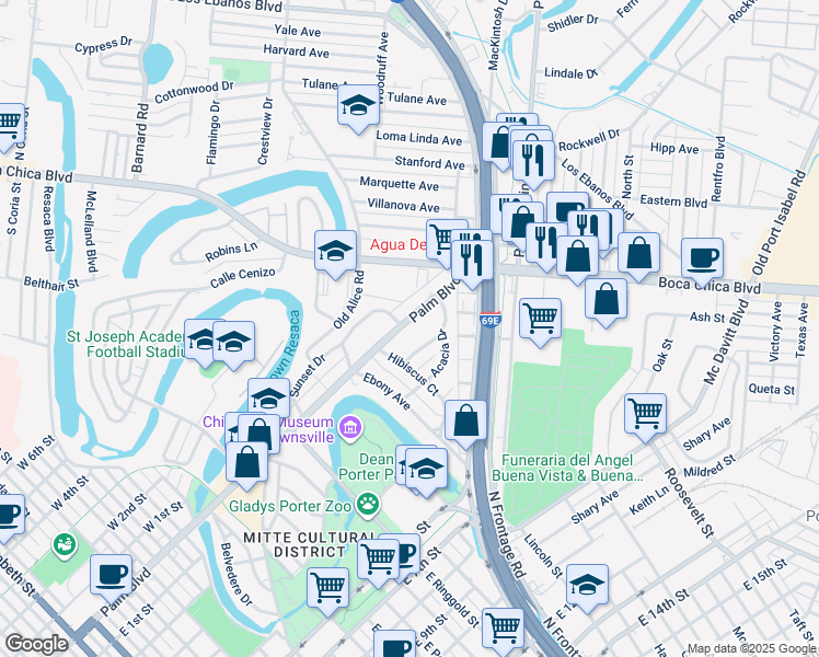map of restaurants, bars, coffee shops, grocery stores, and more near 2020 Palm Boulevard in Brownsville
