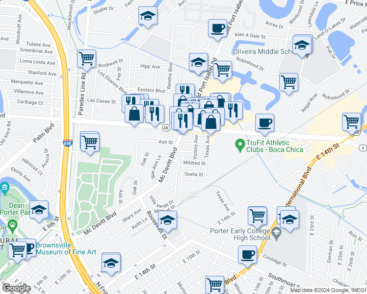 map of restaurants, bars, coffee shops, grocery stores, and more near 55 Velma Street in Brownsville