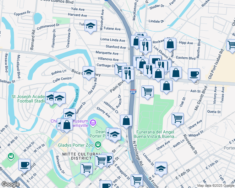 map of restaurants, bars, coffee shops, grocery stores, and more near 44 Acacia Drive in Brownsville
