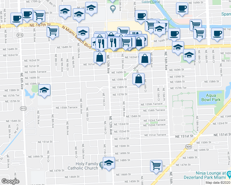 map of restaurants, bars, coffee shops, grocery stores, and more near 1245 Northeast 157th Street in North Miami Beach