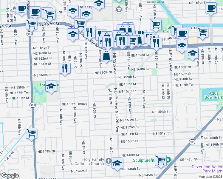 map of restaurants, bars, coffee shops, grocery stores, and more near 15705 Northeast 11th Court in North Miami Beach