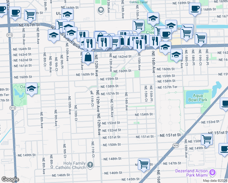 map of restaurants, bars, coffee shops, grocery stores, and more near 1301 Northeast 157th Street in North Miami Beach