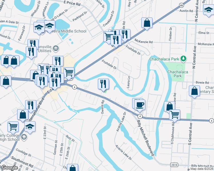 map of restaurants, bars, coffee shops, grocery stores, and more near 3775 Boca Chica Boulevard in Brownsville
