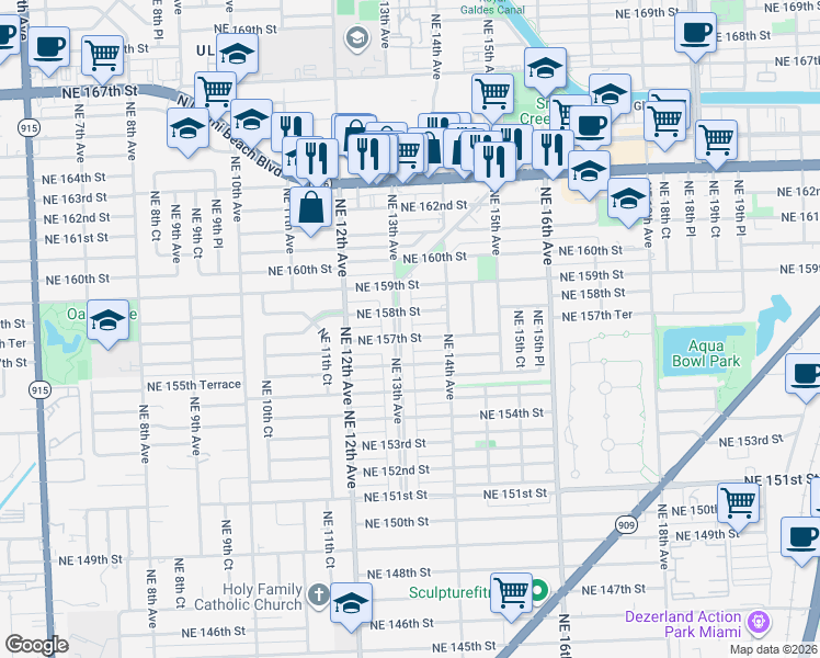 map of restaurants, bars, coffee shops, grocery stores, and more near 1301 Northeast 157th Street in North Miami Beach
