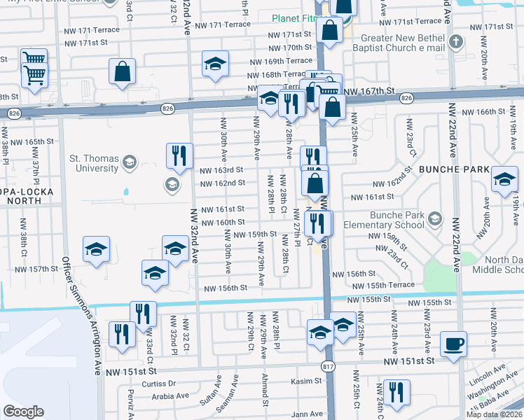 map of restaurants, bars, coffee shops, grocery stores, and more near 2901 Northwest 160th Street in Opa-locka