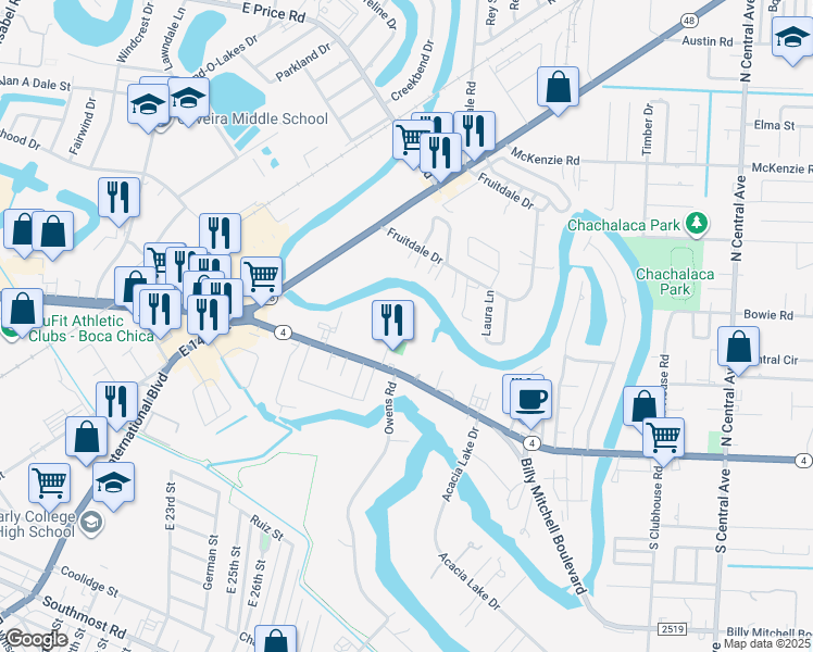 map of restaurants, bars, coffee shops, grocery stores, and more near 3775 Boca Chica Boulevard in Brownsville